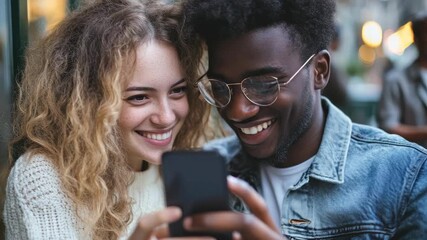 Young couple sitting together, sharing a cell phone, possibly taking selfie or browsing social media, enjoying each other's company in an urban environment. - Powered by Adobe