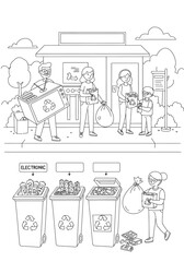 Obraz premium Illustration of people recycling different types of waste at a recycling center