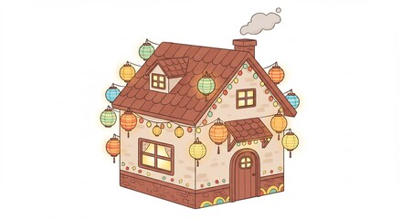 温かい灯りで輝く可愛い家 優しい色合いのイラスト. AI Generated