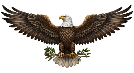 Obraz premium 雄々しく羽ばたくワシ 平和象徴 精緻な描写 自然光輝く. AI Generated