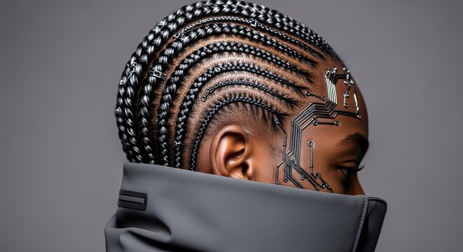 Afro-futuristic woman with advanced facial circuit technology Cyberpunk AI Braids Future Human Tech Digital