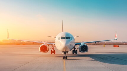 Obraz premium Plane moving runway under clear blue sky bright daylight simple minimal aviation perspective
