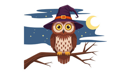 Owl's Night Adventure: A captivating illustration of an owl adorned with a wizard's hat, perched atop a branch under a starry night sky, invites you to a whimsical journey.