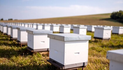 Fototapeta premium A sustainable crop field with beehives for natural pollination. Sustainable farming focuses on eco-friendly practices that protect soil, conserve water, support biodiversity