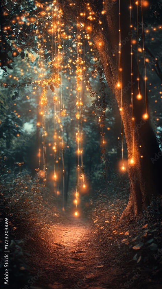 Poster forest scene with glowing lights hanging from the trees. the lights are creating a warm and inviting