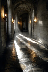 Fototapeta premium Golden Rays Cutting Across Dark Stone Hallway