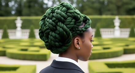 Elegant Black woman green braided hair formal garden African braids fashion beauty culture elegant garden style updo