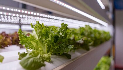 A vertical farm with LED lights growing leafy greens sustainably. Sustainable farming focuses on eco-friendly practices. 