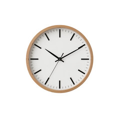 Minimalist round wall clock with light wood frame and black hands isolated on a transparent background 2