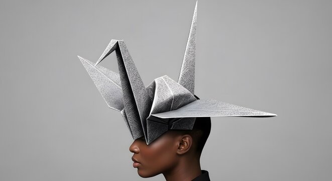 Elegant profile person wearing textured minimalist origami headpiece fashion art concept beauty sculpture modern style