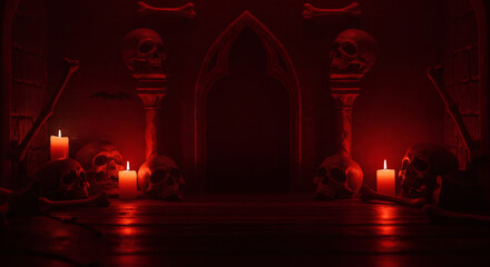 Spooky Gothic Hallway with Skulls, Candles, and Torches for a Dark and Mysterious Atmosphere
