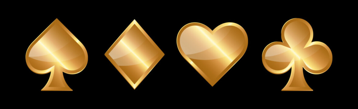 Golden volumetric card suits. Spades, Diamonds, Hearts and Clubs symbols	