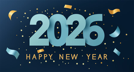 Happy New Year 2026, blue paper numbers and gold inscription.