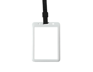 Blank white rectangular ID card with black lanyard, hanging