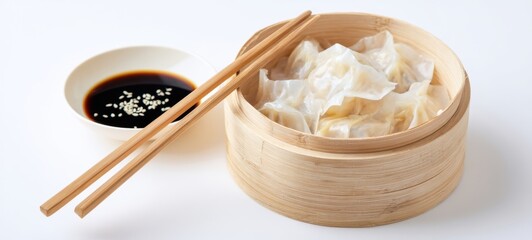 The Steamed Dumplings in a Bamboo Steamer with Soy Sauce and Chopsticks