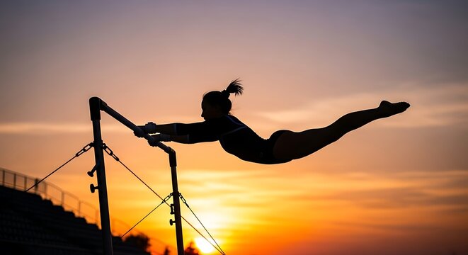 Gymnast Silhouetted on Uneven Bars at Sunset vector background