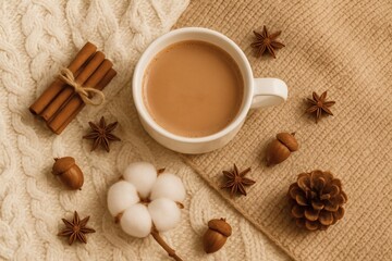 Horizontal cozy flat lay with hot chocolate, cinnamon, pinecone and acorns/横長構図のホットチョコレートと冬の小物フラットレイ