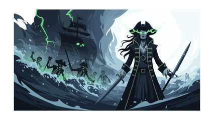 Illustrative Pirate Ship: An illustration of a ghostly pirate captain, commanding a ship through a stormy sea, a fantasy scene full of nautical adventure. 