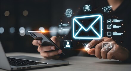 Person using smartphone with glowing email icon and digital network connections