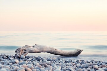 Driftwood branch is laying on the beach next to the water. The beach is rocky and the sky is a beautiful pink color