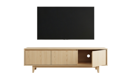Light-colored wooden TV stand with a TV (1)