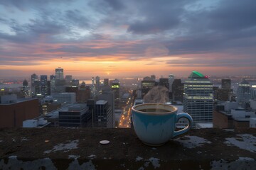 A coffee cup on a rooftop with a city skyline at dusk