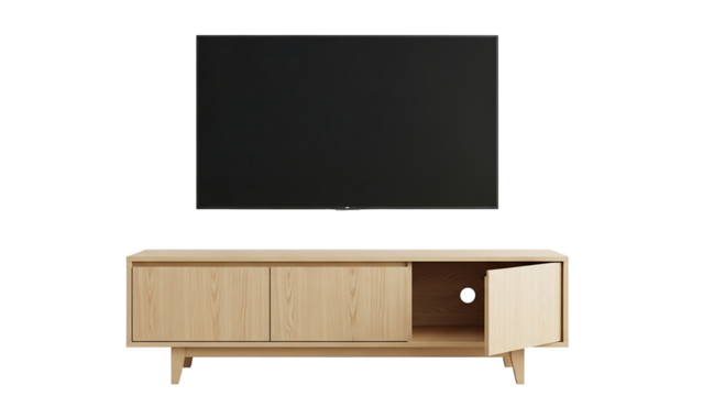 Light-colored wooden TV stand with a TV (1)