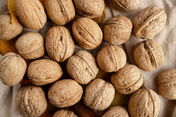Overhead view of a heap of walnuts placed on soft rustic fabric in natural warm light. Organic food still life with copy space.