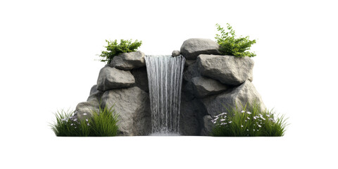 Tranquil rock waterfall with lush greenery