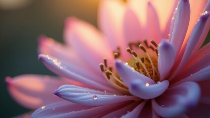 A close-up view of a delicate flower, showcasing its intricate structure and vibrant hues of pink and lavender, bathed in soft morning light, highlighting the water droplets on the petals.