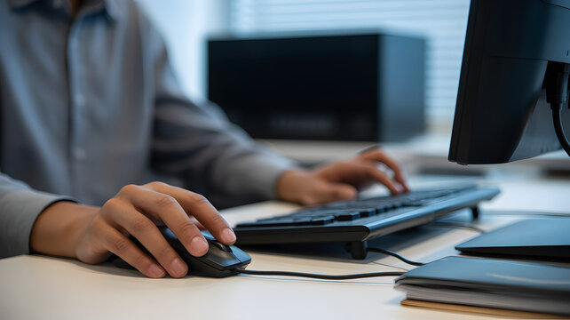 Focused worker navigates digital tasks with precision mouse control at a modern office desk, enhancing productivity and efficiency in the workplace - Powered by Adobe