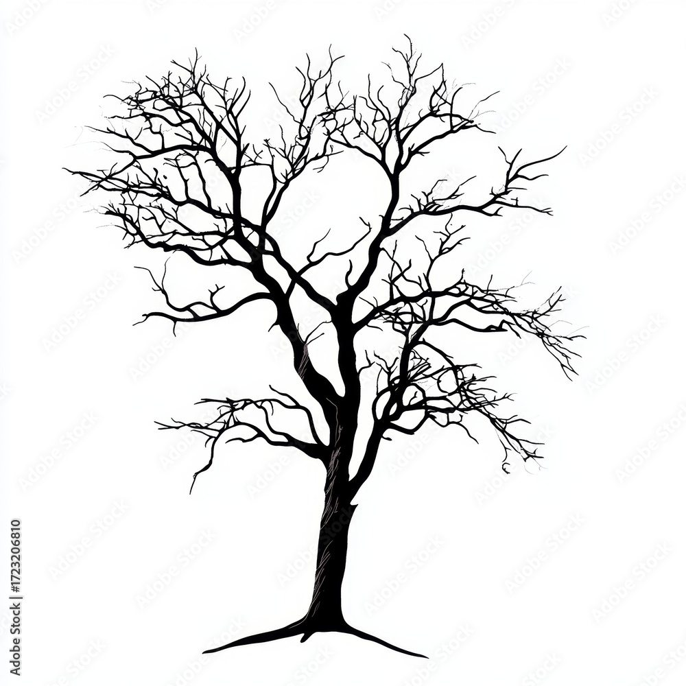 Poster a striking black silhouette of a leafless tree with intricate branches against a light background. i