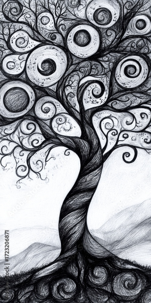 Poster this monochrome artwork features an intricately designed tree with swirling branches and circular pa