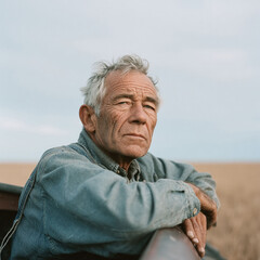 Portrait of a weathered senior man in denim, gazing forward with a thoughtful expression. Represents wisdom, resilience, experience, and rural lifestyle.