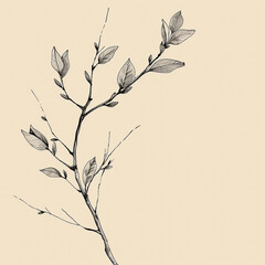 Obraz premium Elegant Botanical Illustration: Delicate Branch with Young Leaves on Beige Background