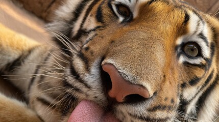 A tiger licks the palm of its front paw with its long tongue. A close-up of its face and tongue, one eye half-closed, licks its paw with rapt attention
