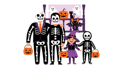 Family in Halloween Costume: A whimsical Halloween illustration showcases a family dressed in intricate skeleton costumes.
