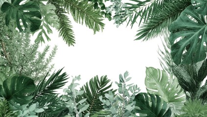 A vibrant arrangement of various tropical leaves forms a frame against a plain white background.