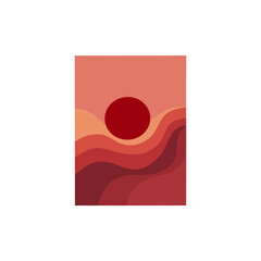 An abstract vector art piece depicting a vibrant, red sun setting over a stylized, flowing landscape of desert-colored mountains and waves.