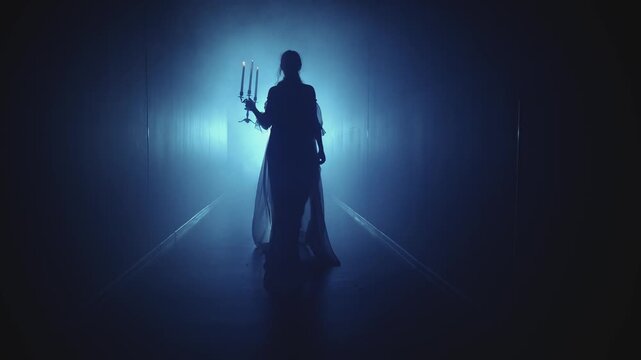 dark silhouette woman walking along black corridor got lost lady holding candlestick in hands burning candles. Scared girl ghost princess in long dress back rear view. night scene lightning flashes