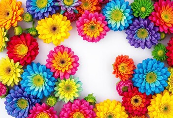 Vibrant rainbow ranunculus blossoms arranged in a flat lay, creating a colorful floral background,  overhead shot,  spring