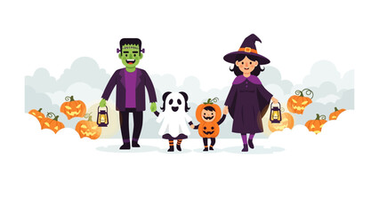 Halloween Family Fun: A cheerful family dressed in Halloween costumes strolls, creating a whimsical and festive atmosphere. A joyous blend of creativity and tradition.