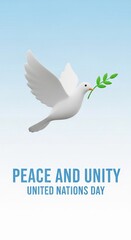 United Nations Day vertical graphic with 3D dove of peace and olive branch on blue gradient background for peace and unity themes