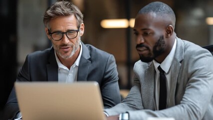 Two diverse businessmen collaborate, looking at a laptop screen together in a modern office - Powered by Adobe