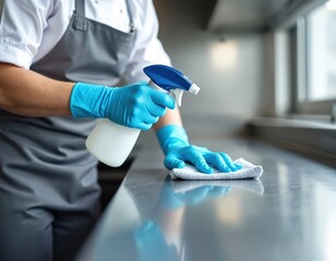 Person in gloves cleans kitchen countertop with spray bottle cloth. Emphasizes cleanliness hygiene in culinary setting. Sanitizing surface for food preparation, restaurant work. Cleaning workspace.