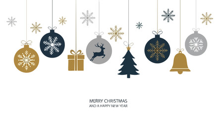 Elegant Christmas ornaments hanging from above create a festive holiday atmosphere