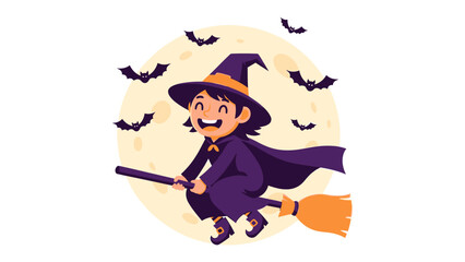 Spooky Witch Flight: A cartoon witch flies on her broom in a full moon, surrounded by bat silhouettes. This charming illustration evokes the magic and mystery of Halloween.