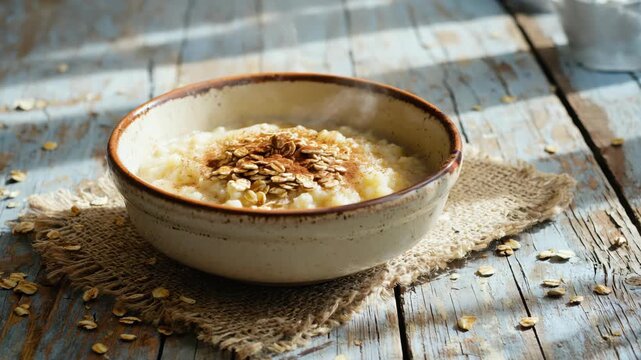 A bowl of grains cereal sits on a wooden table. The cereal is garnished with nuts and perhaps some spices, suggesting it's a light, nutritious meal for breakfast or any time.