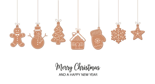 Delightful Christmas gingerbread cookies shaped like a man, snowman, tree, house, mitten, snowflake, and star hang suspended, wishing Merry Christmas and a Happy New Year.
