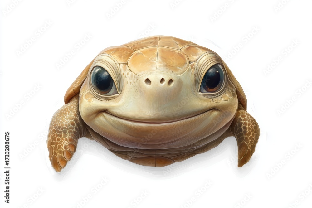 Poster this charming image features a close-up of a cute turtle head, smiling at the viewer. the white back